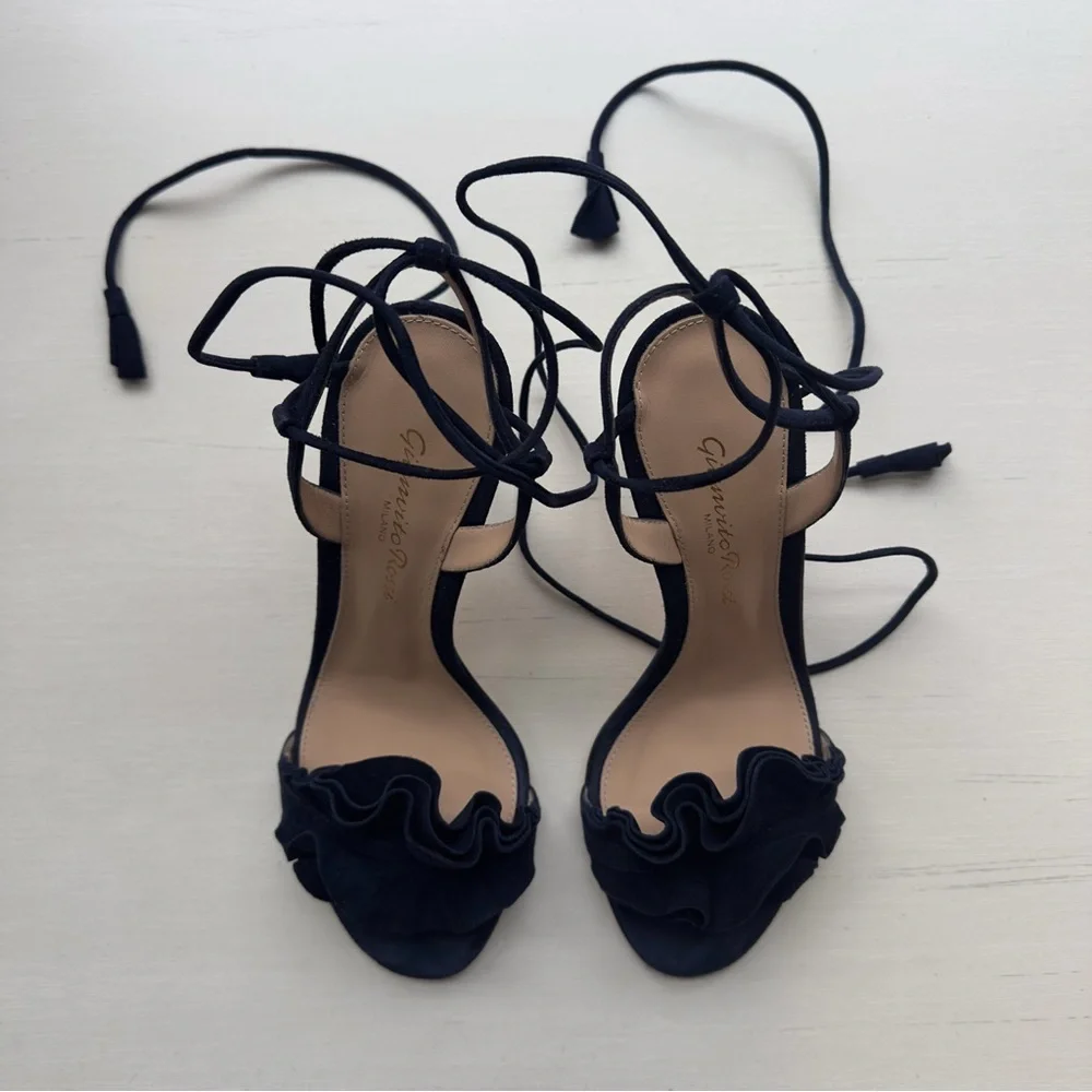 Gianvito Rossi Flora 85 Suede Lace-Up Heels – Navy – Size 35 - Picture 1 of 8